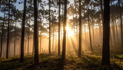 Atmospheric misty pine forest at sunrise, with golden light rays and sunbeams streaming through silhouetted trees.


