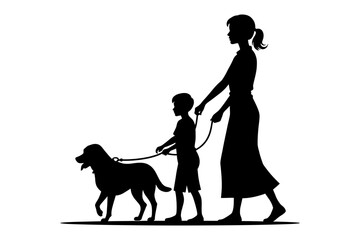Silhouette of a woman and child walking a dog on a leash in a simple black and white illustration