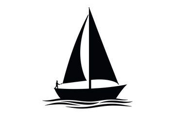 Fototapeta premium Silhouette of a sailboat with two sails and a small figure on the deck sailing on water waves