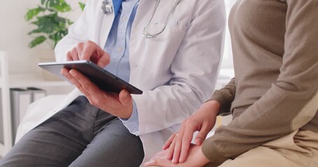 Unknown doctor consulting patient, showing medical results of treatment on tablet, giving help or advice in hospital, talking about healthcare prescription, supports with diagnosis - Powered by Adobe