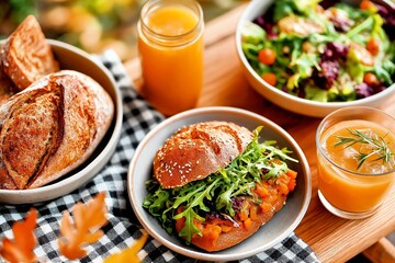 Autumn Picnic: Hearty Vegetarian Sandwich, Fresh Salad, Juices, and Artisan Bread