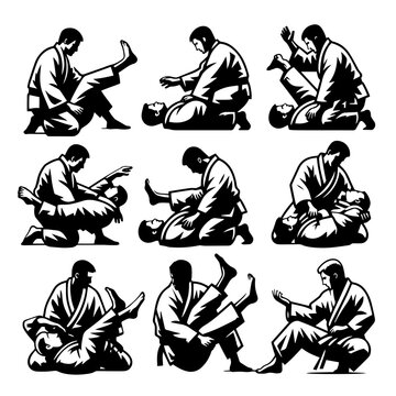 Nine monochrome illustrations depicting grappling martial arts techniques between two practitioners in gis
