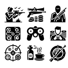Collection of hunting and gaming related icons featuring sniper, money, binoculars and coffee cup items