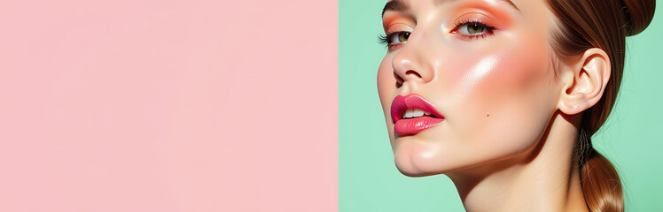 colorful makeup setup soft pink mint green background featuring vibrant peach eyeshadow bold pink lipstick