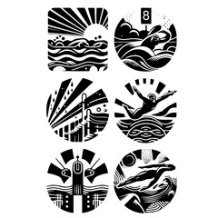 Collection of six black and white illustrations depicting various water related scenes and swimming activities