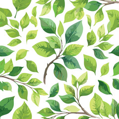  Seamless floral pattern with green leaves on branches, watercolor illustration isolated on white background