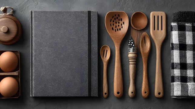 Kitchen utensils and eggs arranged on a dark gray surface.