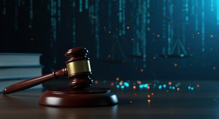 Gavel on Dark Wood Desk, Digital Justice Concept, Law Books, Scales of Justice, Blue Bokeh Background