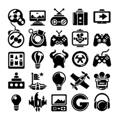 Collection of twenty five diverse black vector icons related to games and entertainment items set up nicely