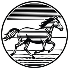Stylized horse running within a circular emblem