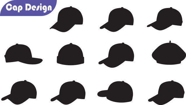 Vector Silhouettes of Diverse Caps and Hats Collection – Baseball Caps, Flat Caps, and Sports Headwear Icons for Apparel Design, Branding, and Style Mockups, Isolated. - Powered by Adobe