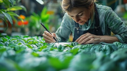 Watercolor illustration of a botanist studying plants with gentle brushstrokes soft color blends and ethereal textures symbolizing natural beauty scientific curiosity and artistic observation