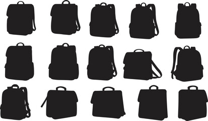 Diverse Vector Silhouettes of Backpacks, School Bags, and Briefcases Collection &ndash; Ideal for Travel, Education, Business, and Outdoor Design Elements, Isolated on White Background for Easy Use.