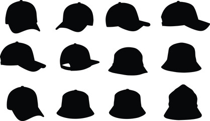 Collection of Vector Silhouettes of Various Hats and Caps: Ideal for Fashion, Apparel, Sports, and Headwear-Themed Designs.