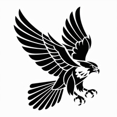 Black and white eagle silhouette in aggressive flight with open claws for tattoo design or logo concept
