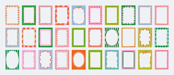 Set of whimsical hand-drawn frames with wavy squiggle curly ribbons in trendy, vintage styles. Vector playful border frames for trendy invitations, cards