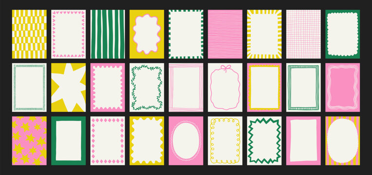 Set of hand-drawn frames with wavy squiggle curly ribbons and backgrounds with hand-drawn borders, abstract wavy lines retro-inspired patterns. For invitations, posters, social media templates
 - Powered by Adobe