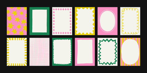 Set of hand-drawn frames with wavy squiggle curly ribbons and backgrounds with hand-drawn borders, abstract wavy lines retro-inspired patterns. For invitations, posters, social media templates
