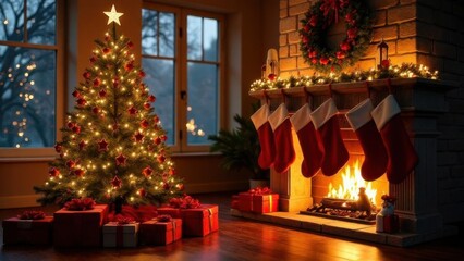 Christmas night in the house. Christmas tree with presents, fireplace with socks for gifts, festive interior. Merry Christmas card, poster