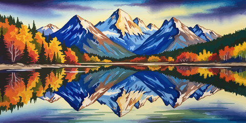 Snowy peaks and autumn forest reflected in tranquil lake, watercolor painterly landscape mountain view, alpine wilderness painting style.