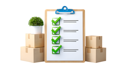 3D Rendering Checklist Clipboard with Boxes and Plant for Moving Concept. Ai Generated Images