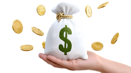 Realistic Hand Holding Sack with Dollar Sign and Golden Coins. Ai Generated Images