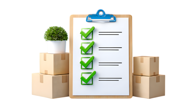 3D Rendering Checklist Clipboard with Boxes and Plant for Moving Concept. Ai Generated Images