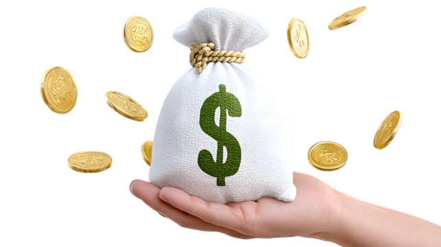 Realistic Hand Holding Sack with Dollar Sign and Golden Coins. Ai Generated Images