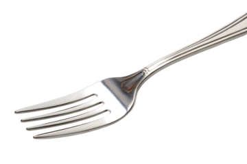 A shiny metal fork is angled, offering a clear view of its tines, presented on a transparent background, perfect as an isolated PNG graphic.