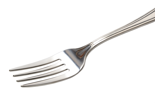 A shiny metal fork is angled, offering a clear view of its tines, presented on a transparent background, perfect as an isolated PNG graphic.