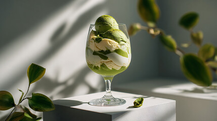 Luxurious Matcha Ice Cream Parfait with Vanilla Layers in Glass Goblet
