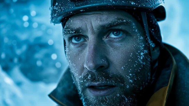 Male mountaineer with icy beard and helmet in cold winter conditions. Concept of survival, extreme sport, and challenging expedition footage.