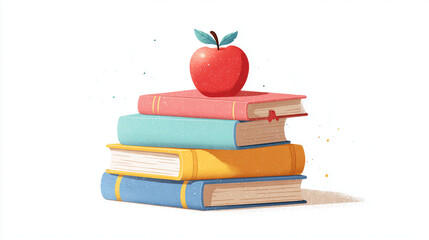 Stack of colorful books with red apple on top, isolated on white. Flat vector style, minimal shadows.