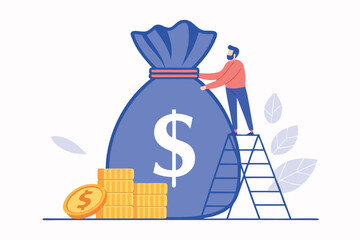 Man climbs ladder reaching giant money bag alongside golden coins in flat vector