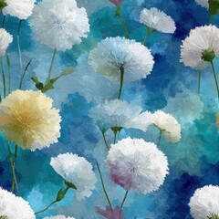 Seamless floral pattern featuring delicate white and pastel flowers on a vibrant blue background, creating a harmonious and lively design for various applications