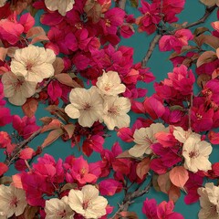 Vibrant seamless pattern featuring blooming flowers in shades of pink and cream against a teal background, showcasing nature's beauty and intricate details for design projects