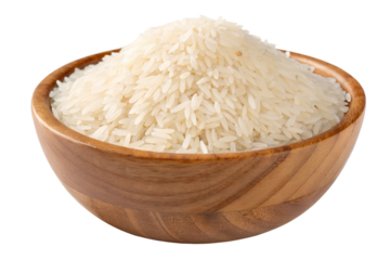 White long grain rice fills a natural wooden bowl, showcasing its texture. This transparent PNG image is perfectly isolated for versatile use.