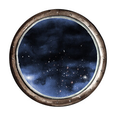 Black sky, View from the space porthole. Cosmic background with copy space. Hand drawn watercolor illustration,  isolated on the white background