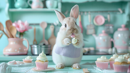 Cute Bunny Eating Cupcake in Pastel Kitchen