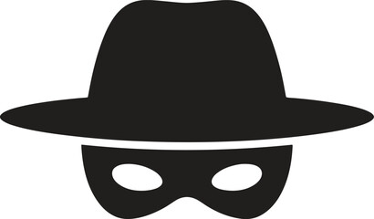 Silhouette spy mask with hat icon. Secret agent, disguise, detective vector illustration