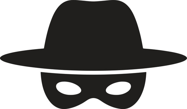 Silhouette spy mask with hat icon. Secret agent, disguise, detective vector illustration