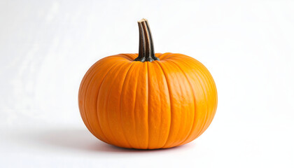 Obraz premium A perfectly shaped single orange pumpkin with a stem, isolated on a bright white studio background.