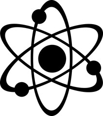 Atom structure icons. Concept of science, quantum physics, atomic structure. Black outlined atoms with orbiting electron around nucleus, isolated on transparent background. Nuclear physics symbol Atom