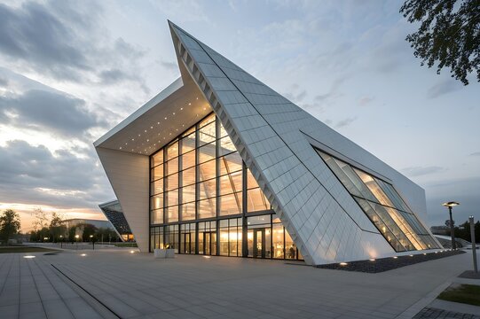 Modern architectural building with dramatic angled roof