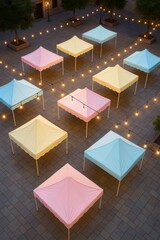 Pastel tents arranged in a festive plaza with string lights glowing in the evening, perfect for market or fair scenes.

