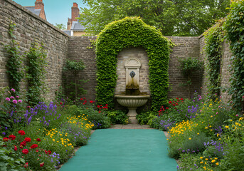 Stone Fountain with Ivy Archway in a Colorful Flower Garden