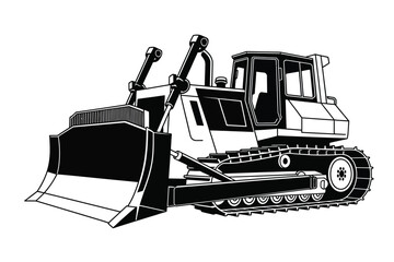 Black and white line drawing of a bulldozer construction vehicle © Mst