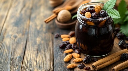 Homemade Swedish Glogg in a jar, surrounded by spices and nuts, embodying festive traditions and warmth