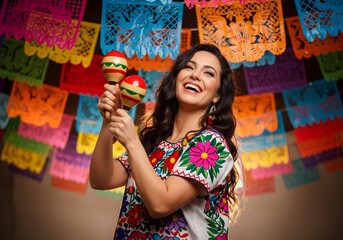 Smiling woman in traditional Mexican dress playing maracas at a fiesta