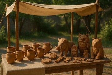 Handcrafted wooden mugs and animal carvings on display at an outdoor artisan market under natural light.

